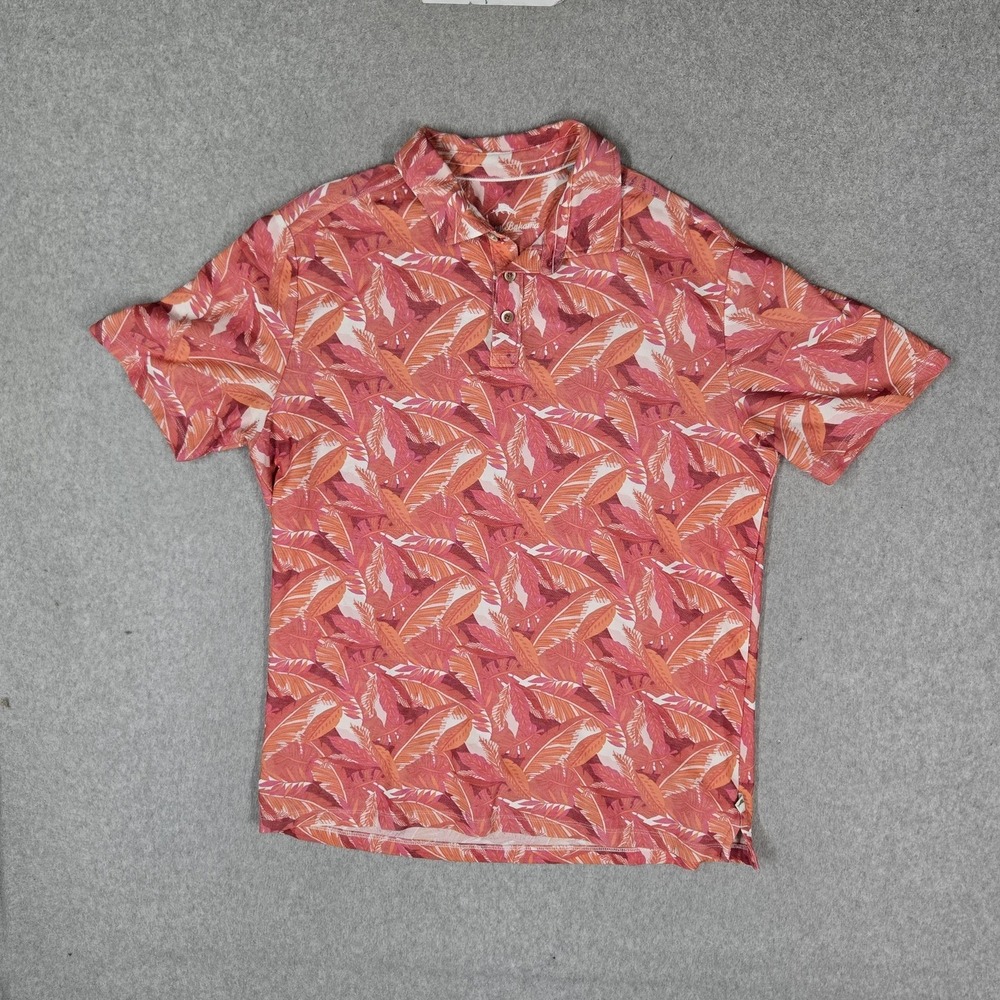 Tommy Bahama Men Polo L Pink Leaf Print Hawaiian‎ Supima Cotton Blend Collar